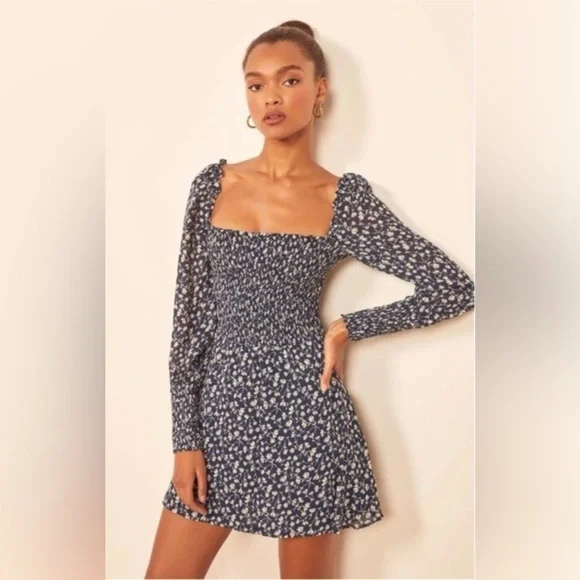 Reformation | Dresses | Reformation Kelli Smocked Bodice Fit Flare Mini  Dress Blue White Floral Sz L | Poshmark